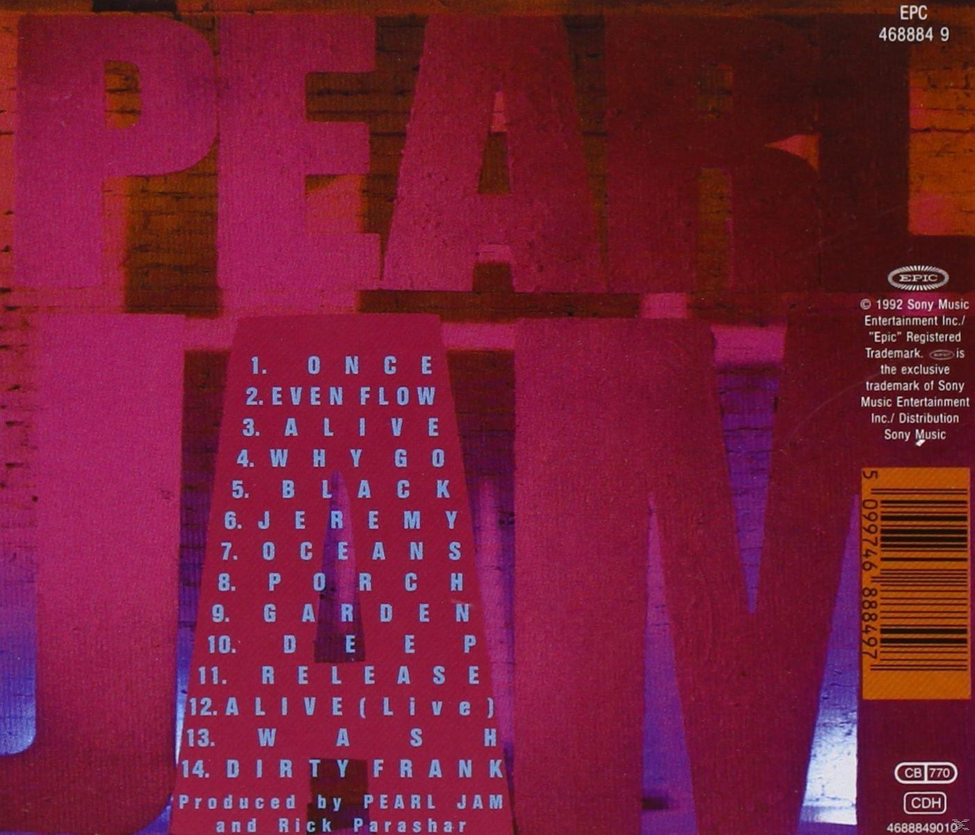 Pochette de l'album de Pearl Jam. Texte rouge et violet sur un fond délavé. Inclut une liste des titres.