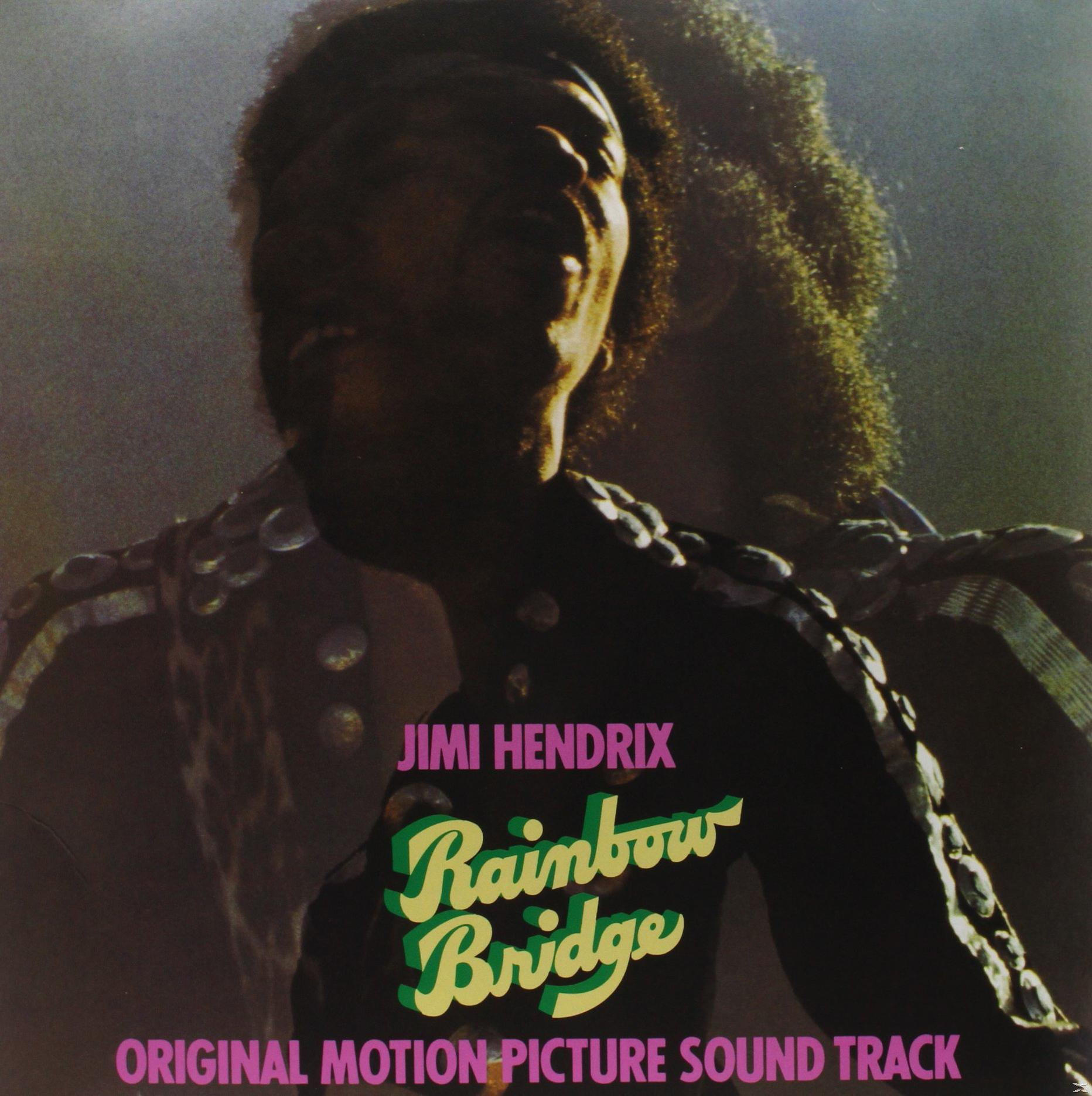 Albumcover 'Rainbow Bridge' von Jimi Hendrix. Das Gesicht eines Mannes ist sichtbar, mit buntem Hintergrund.