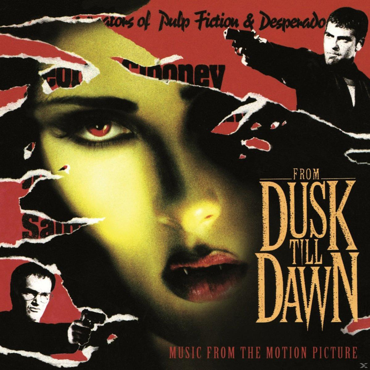 Filmplakát egy nő arcával, két férfival fegyverrel és a 'From Dusk Till Dawn' címmel.
