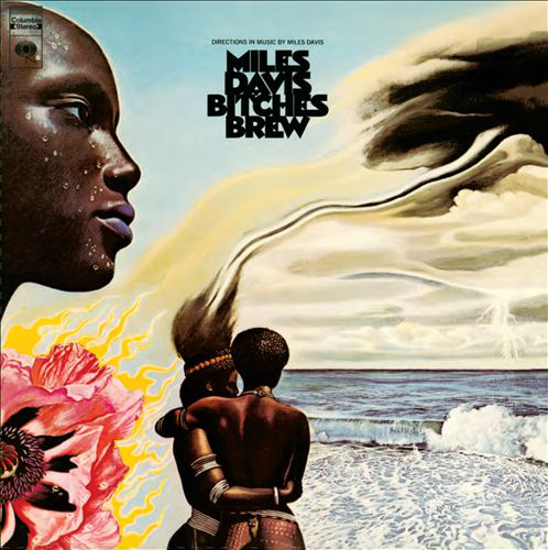 Album borító: Miles Davis, Bitches Brew. Absztrakt figurák, egy női profil, és egy pár az óceán közelében.