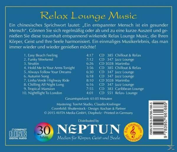 Rückseite einer Musik-CD mit Text über 'Relax Lounge Music'.
