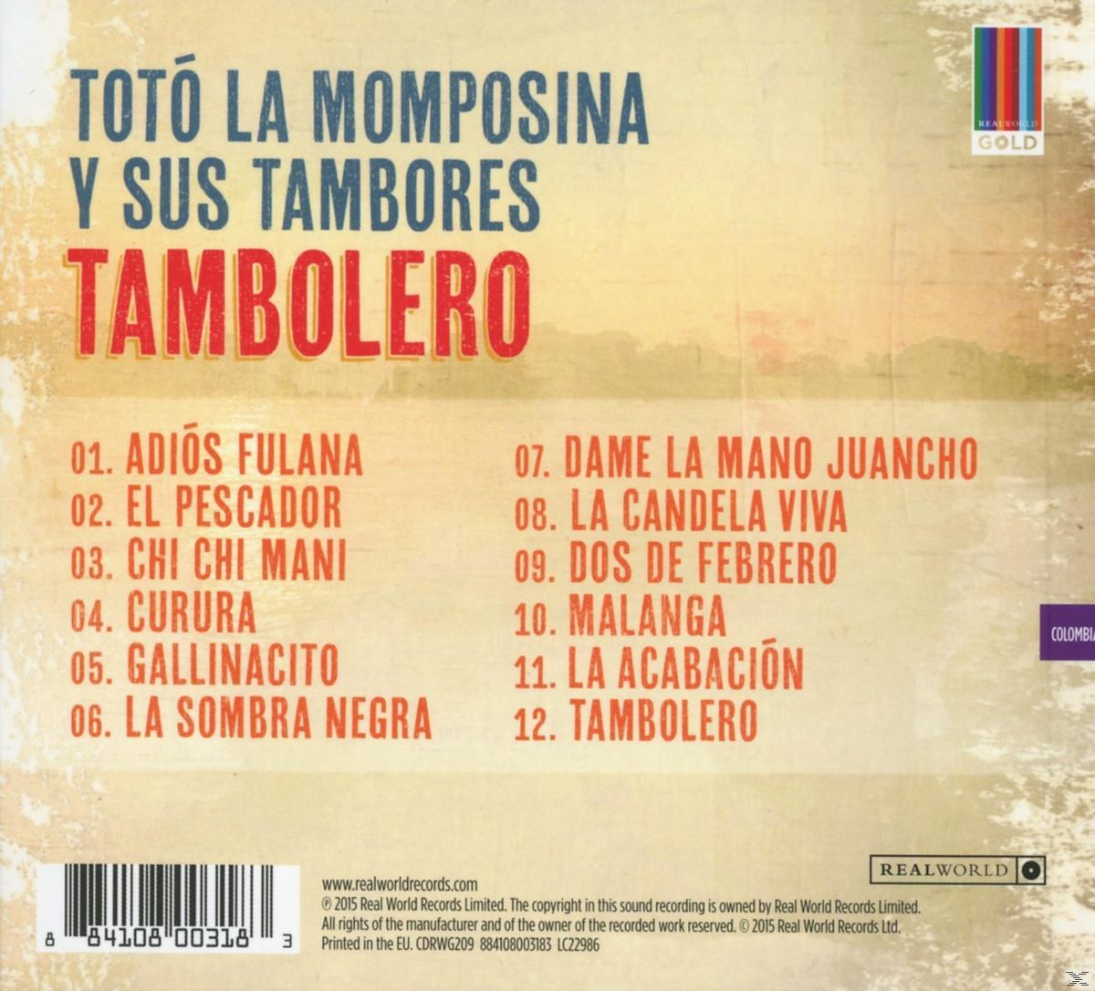 A Totó la Momposina y Sus Tambores Tambolero című albumjának borítója. Dalcímeket és a Real World Records logóját tartalmazza.