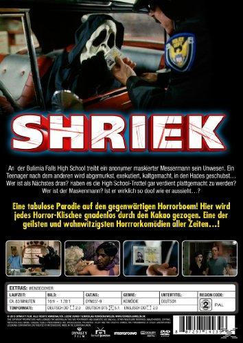 Poster eines Horrorfilms mit dem Titel 'Shriek'. Eine maskierte Figur wird von einem Polizisten befragt.