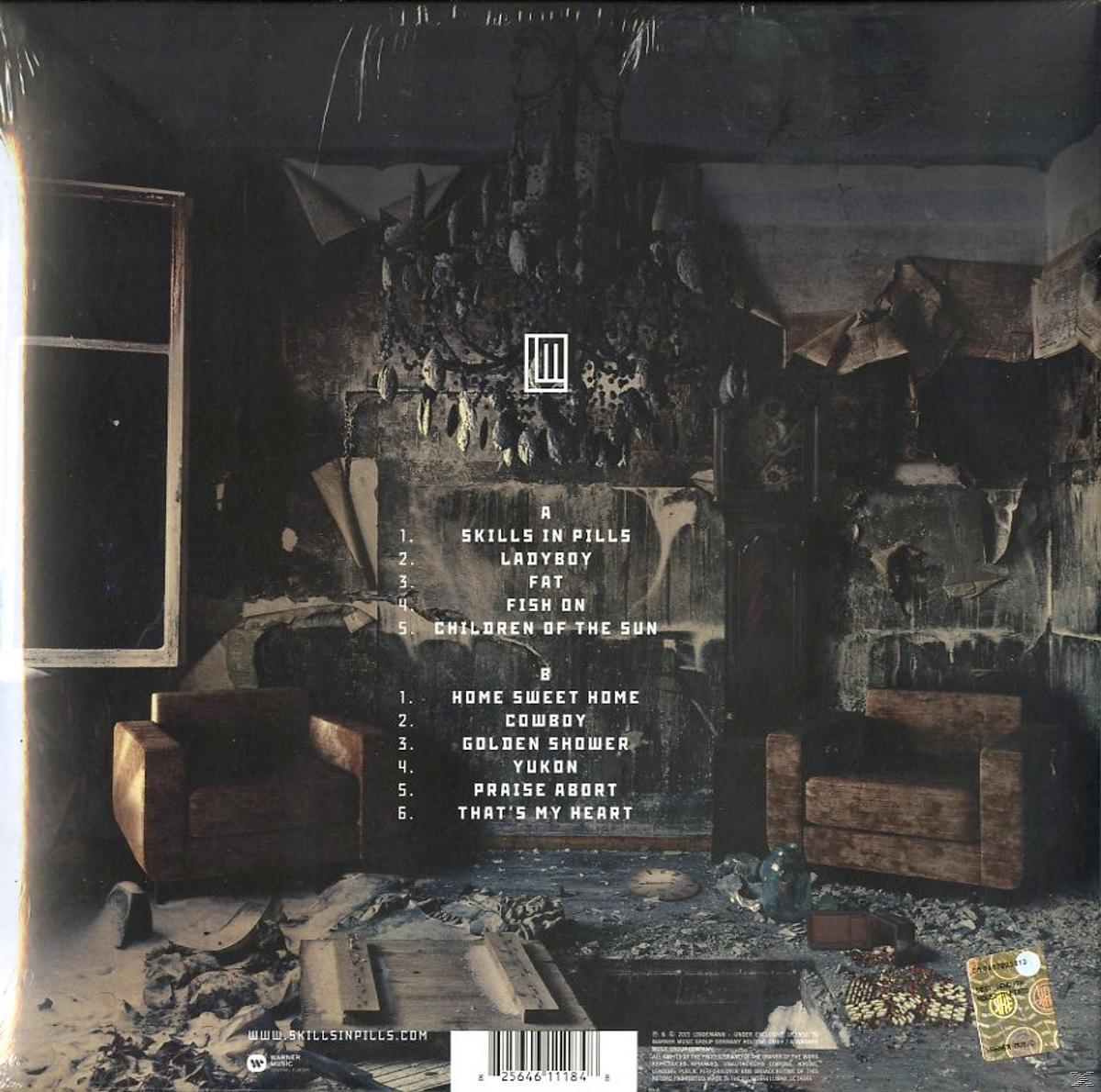Albumcover mit zerstörtem Raum. Eine Liste der Songs ist sichtbar. Das Album heißt "Skills in Pills".