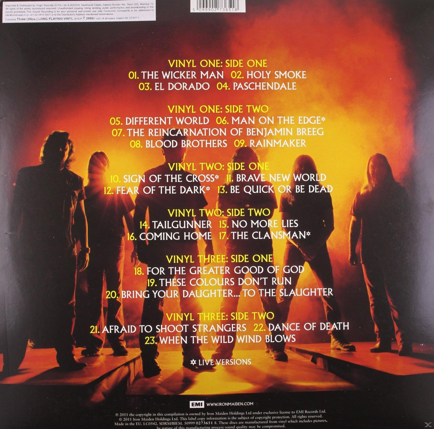 Rückseite eines Albums mit Titelliste und Silhouetten der Bandmitglieder. Dunkler Hintergrund.