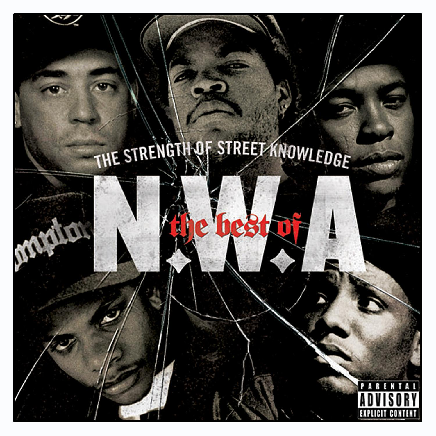 N.W.A. Albumcover, Gesichter der Bandmitglieder, Glasbruch-Effekt. Dunkler Hintergrund.