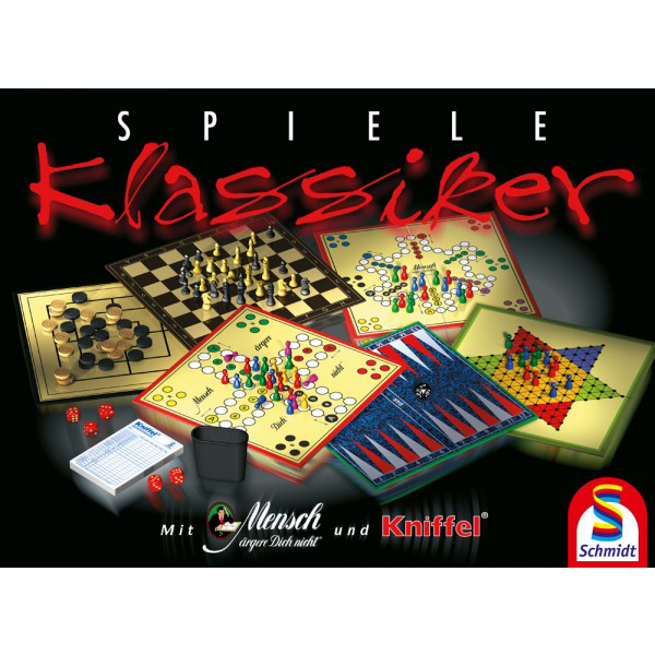 Box mit mehreren Brettspielen. Schach, Dame, Backgammon und mehr.