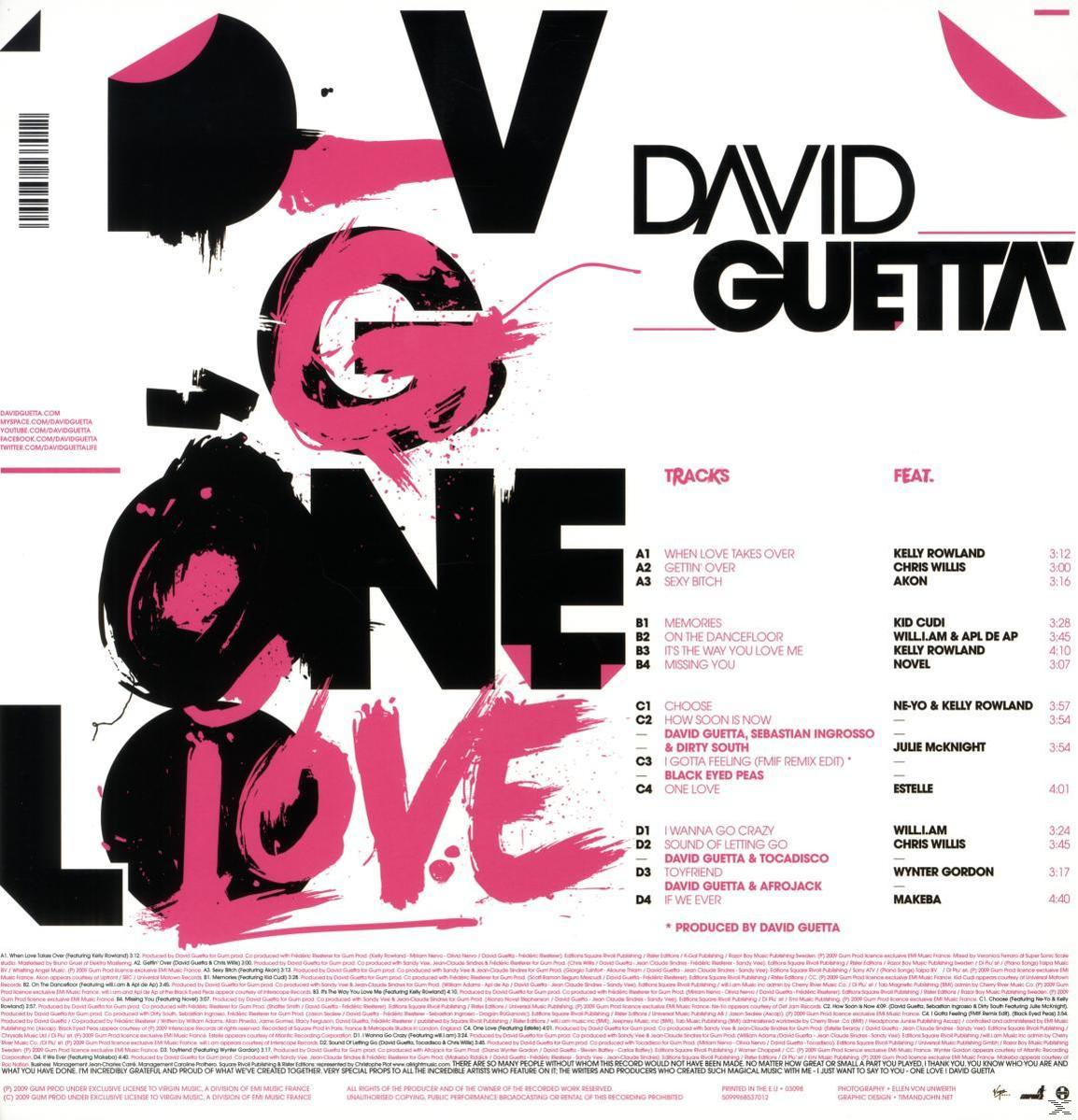 David Guetta 'One Love' albumának borítója. Rózsaszín és fekete grafikák.
