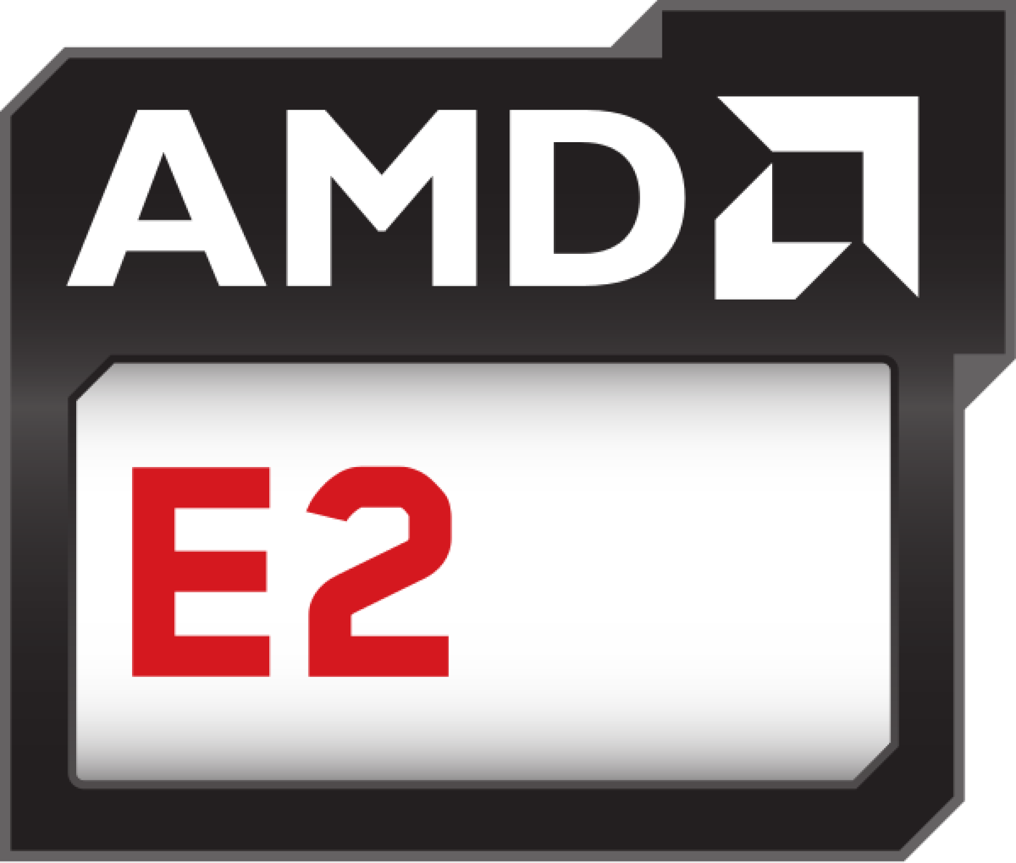 Logotipo AMD E2 con E2 rojo sobre rectángulo blanco con borde negro.