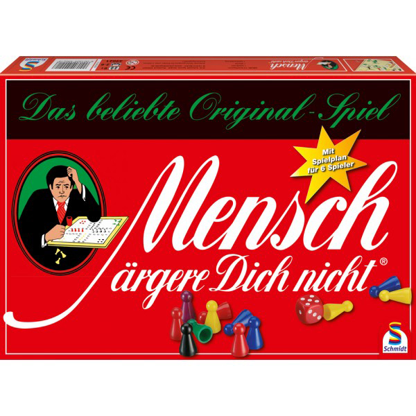 Schachtelkunst für das Brettspiel 'Mensch ärgere Dich nicht'. Es zeigt das Spielbrett, Figuren und Text auf Deutsch.