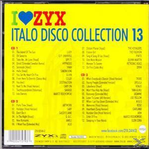 CD-Cover: Gelber Hintergrund, blaues Herz-Logo, weißer Text und Titelliste der Italo Disco Collection 13.