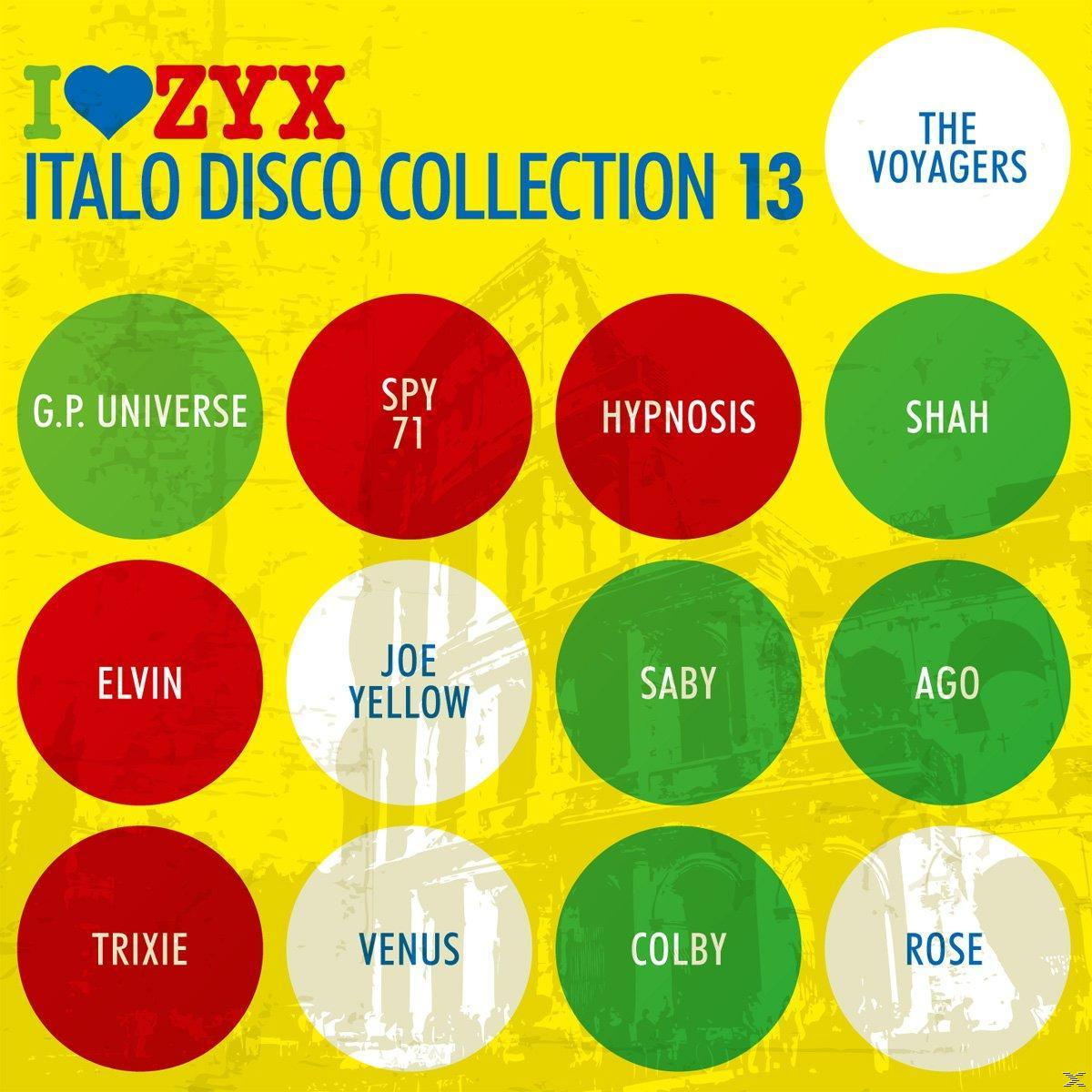 Buntes Albumcover mit Kreisen, Text und Herz. 'I Love ZYX Italo Disco Collection 13'.