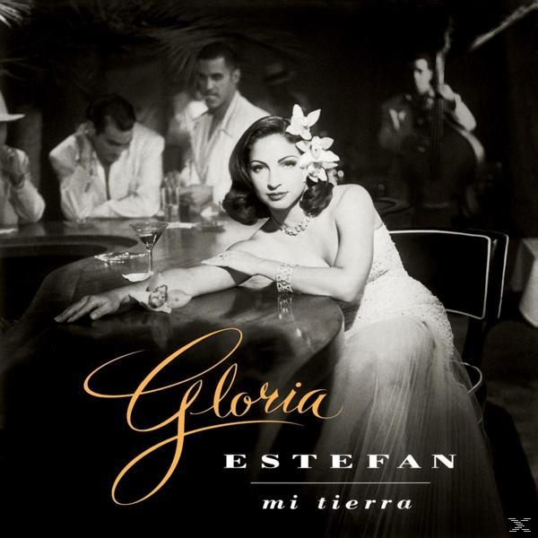 Albumcover für Gloria Estefans Mi Tierra. Gloria Estefan an einem Tisch mit einer Blume im Haar.