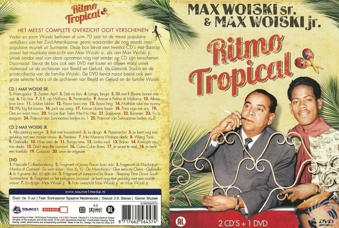 Albumcover met twee mannen, tekst 'Ritmo Tropical'. Achtergrond met maracas en tropische bladeren.