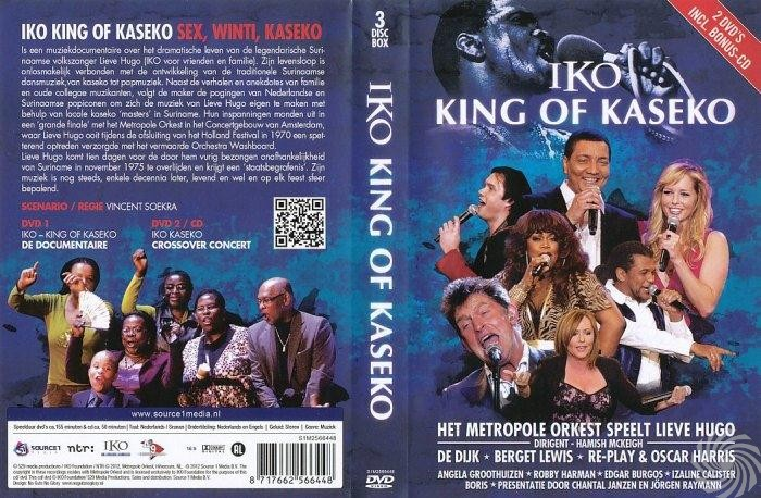 DVD-hoes voor 'Iko King of Kaseko' met muzikanten, tekst en afbeeldingen. De hoes is een mix van blauw, rood en wit.