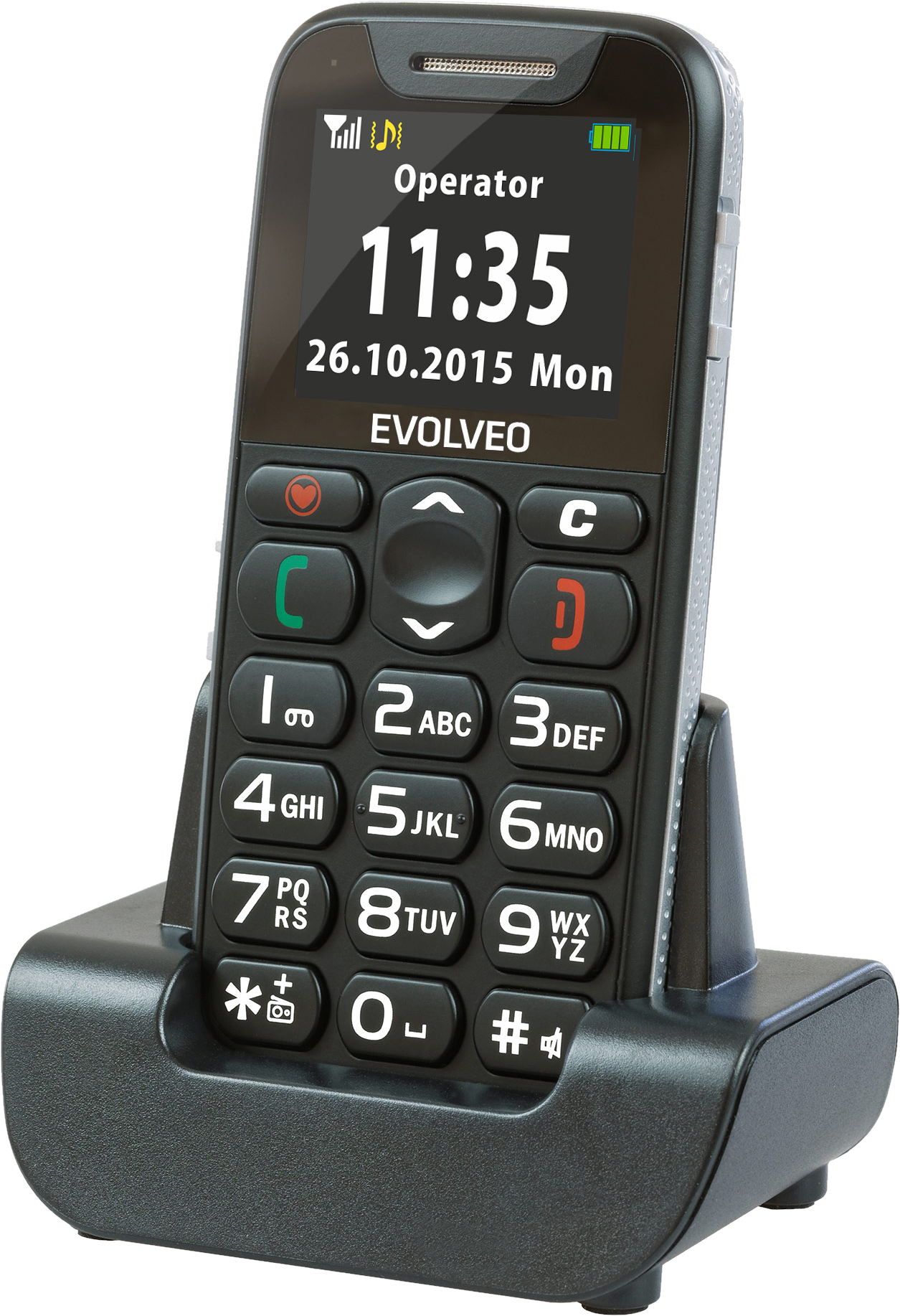 Fekete mobiltelefon töltőállomáson, képernyőjén a dátummal és idővel.