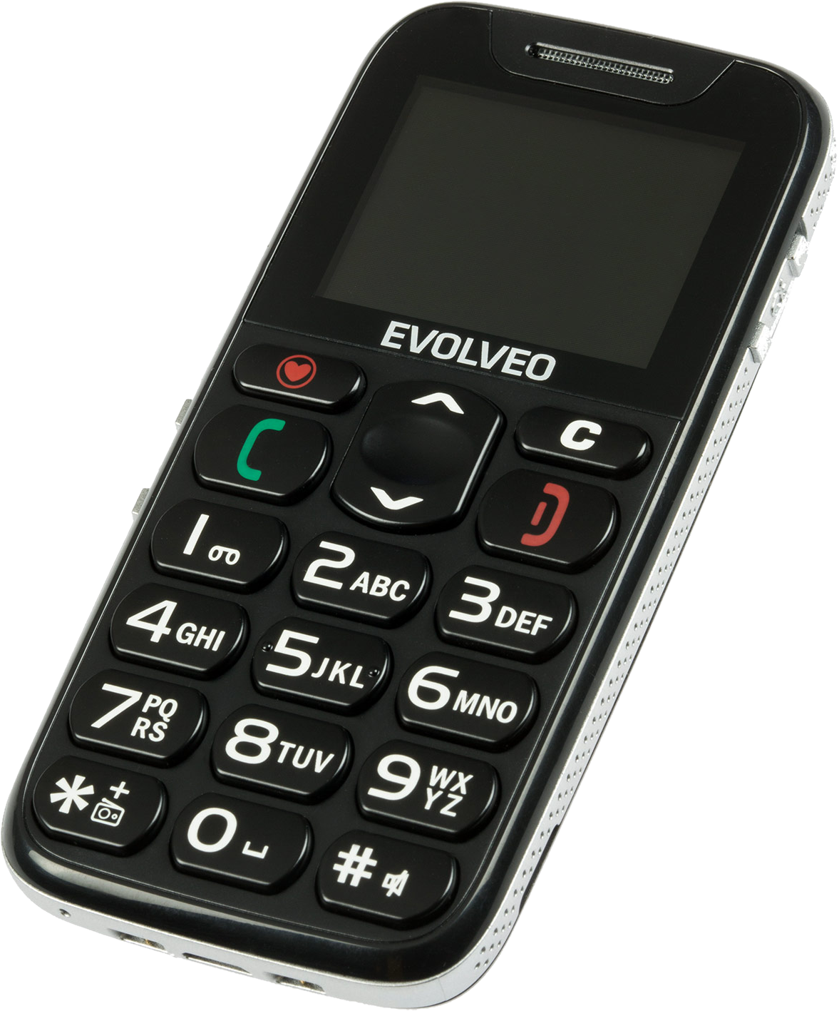Fekete Evolveo telefon billentyűzettel. Jellemzői: képernyő, gombok és egy piros szív gomb.