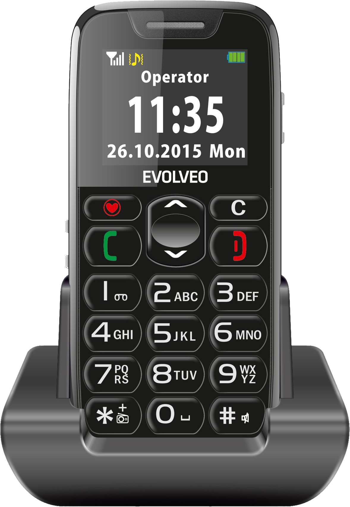 Fekete Evolveo mobiltelefon töltőállomáson. A kijelzőn idő és dátum, nagy gombok.