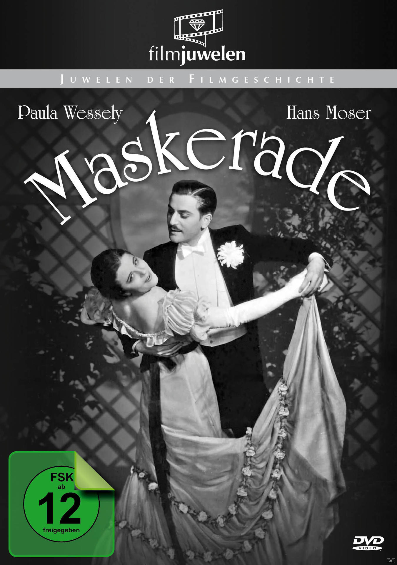 Ein Schwarz-Weiß-Filmplakat mit einem tanzenden Paar. Der Titel lautet 'Maskerade'.