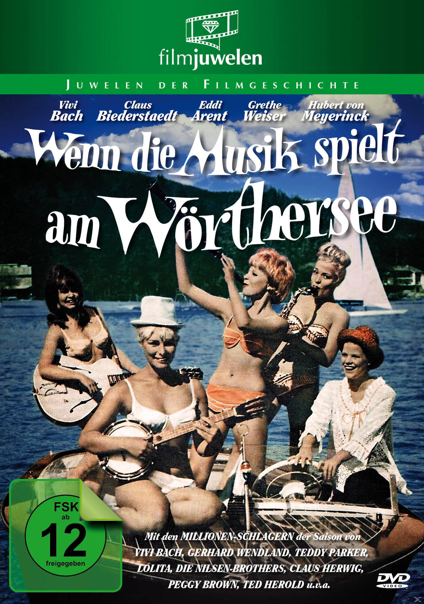 Filmplakat. Frauen auf einem Boot spielen Instrumente. Im Hintergrund ein See und Berge.