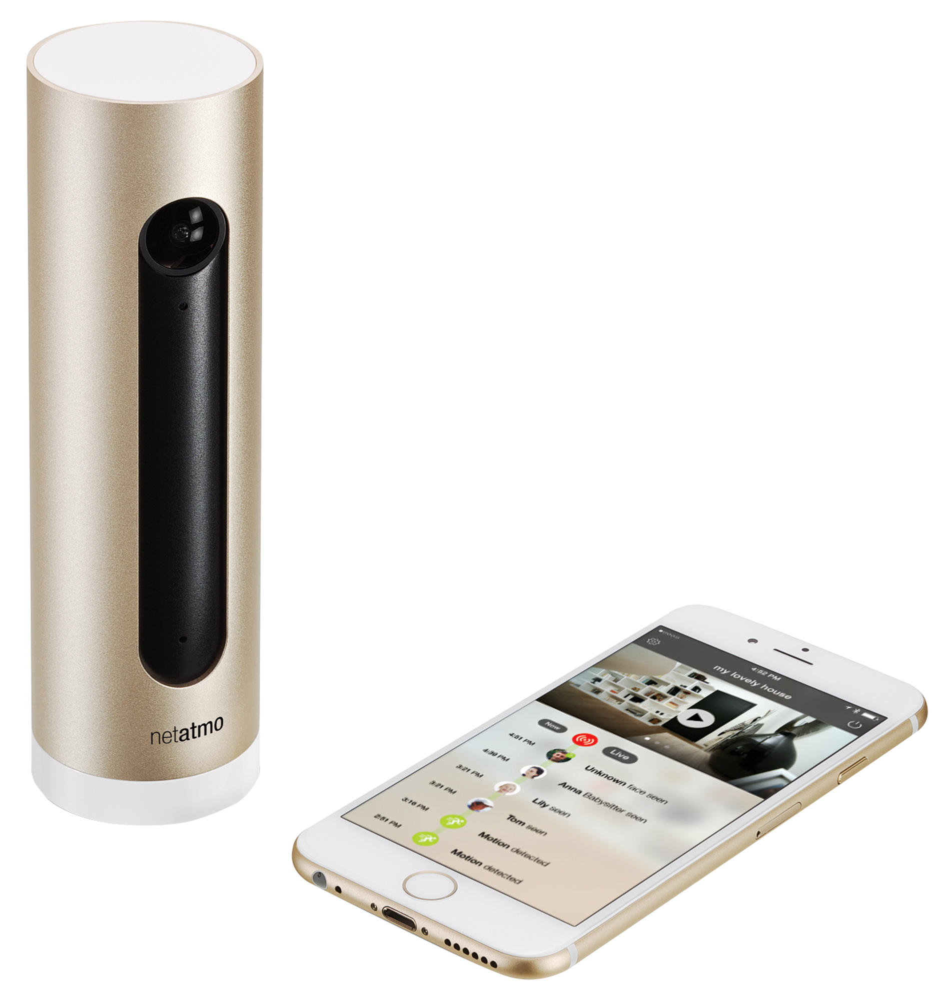 Une caméra de sécurité dorée et noire et un smartphone affichant une interface d'application de surveillance domestique.