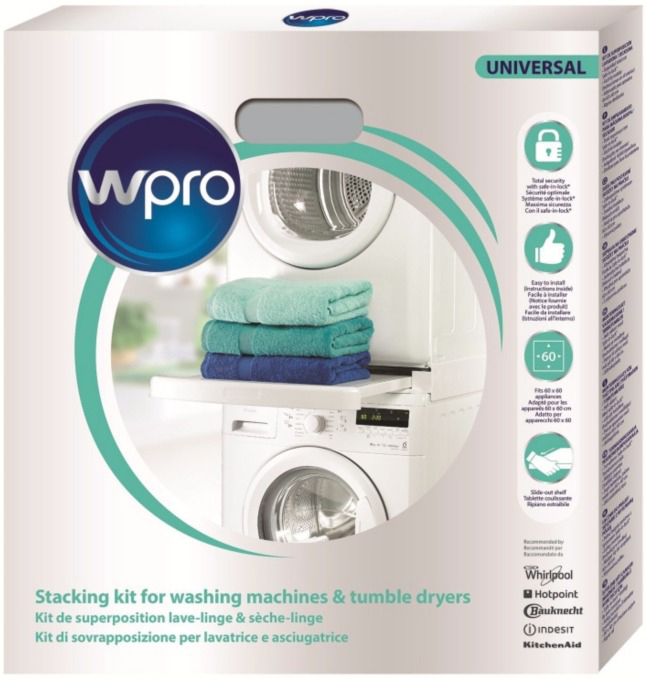 Boîte d'un kit d'empilage pour lave-linge et sèche-linge, avec texte : Universal, wpro.
