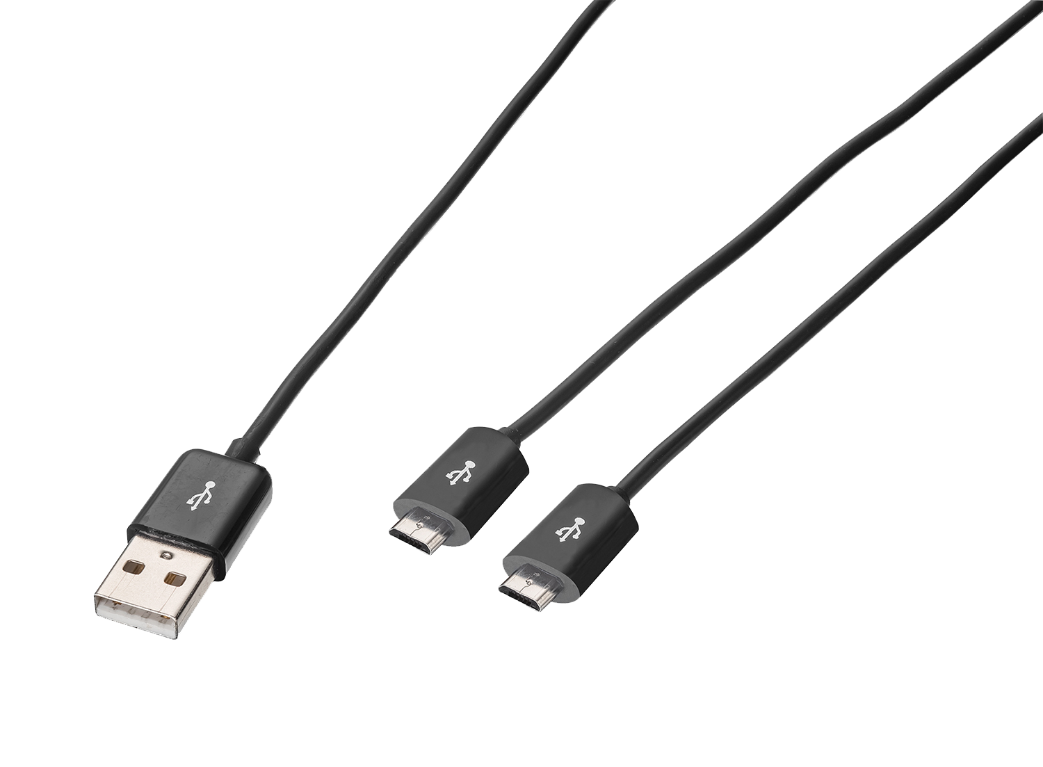 Drie zwarte USB-kabels, één met een USB-stekker en twee met micro-USB-connectoren.