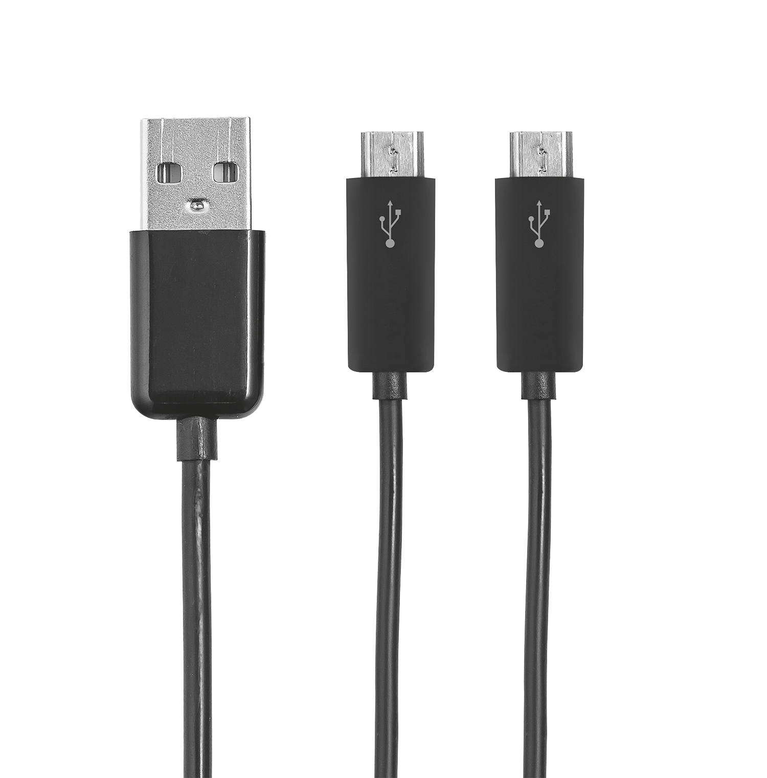 Drie zwarte USB-kabels, twee met micro-USB-connectoren, tegen een zwarte achtergrond.
