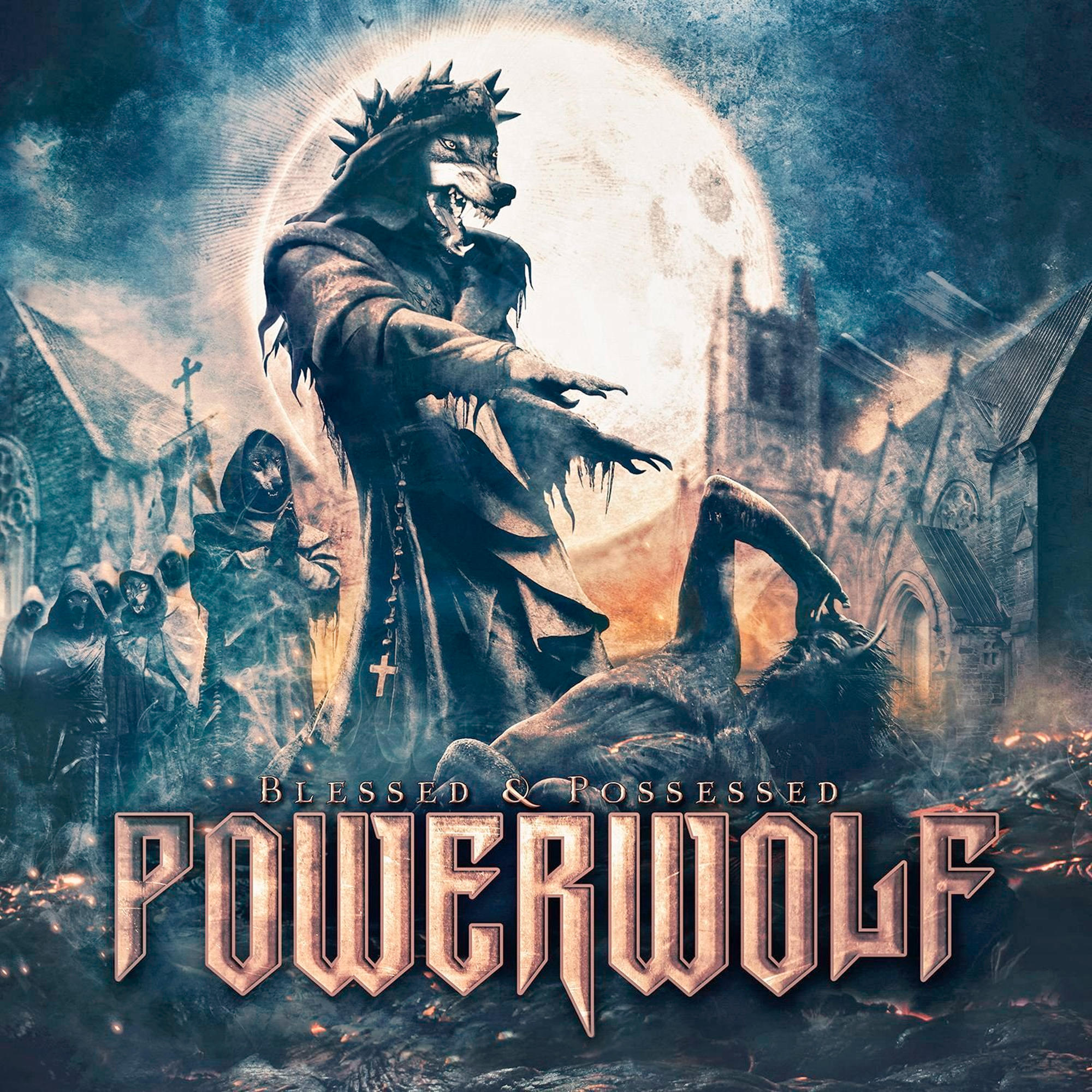 Powerwolf Albumcover. Zeigt eine wolfsähnliche Figur und einen Mann, mit einer Kirche im Hintergrund und dunklen Farben.