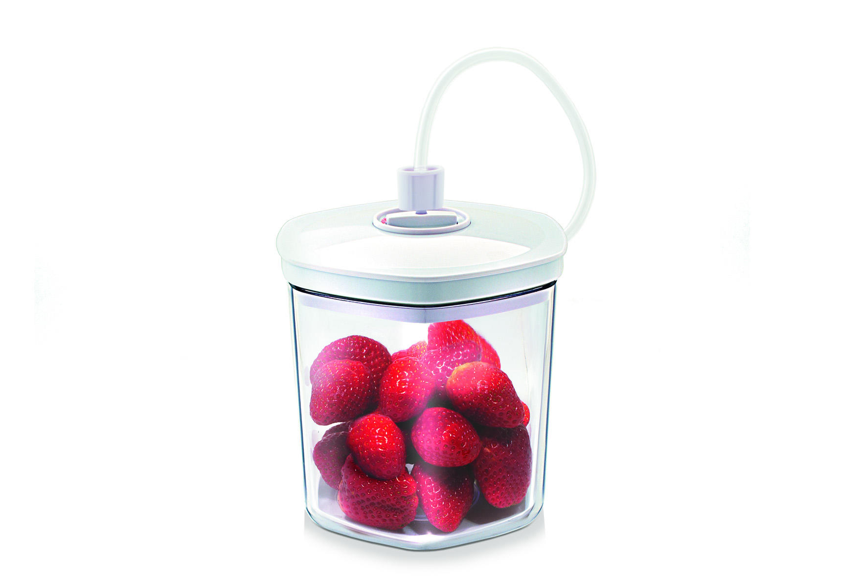 Transparenter Behälter mit Erdbeeren, weißem Deckel und weißem Schlauch.