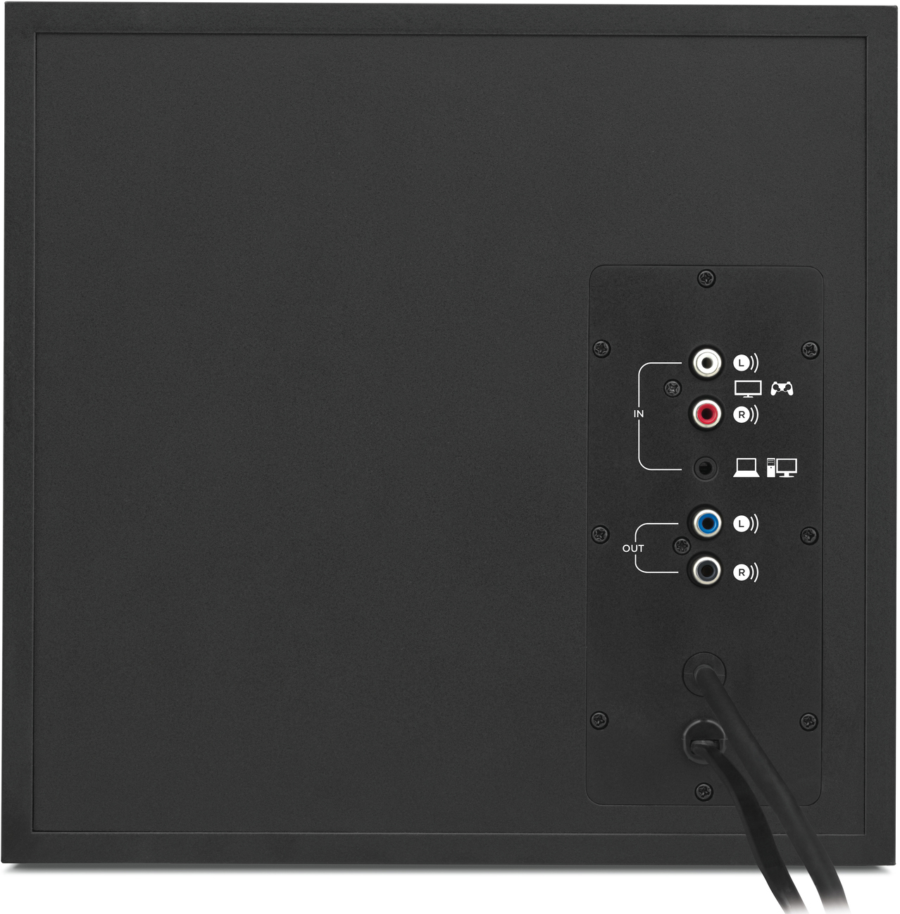 Arrière d'un caisson de basses noir avec ports d'entrée et de sortie, et un câble d'alimentation.