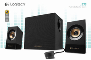 Système d'enceintes Logitech : deux petites enceintes, un caisson de basses et un boîtier de contrôle.