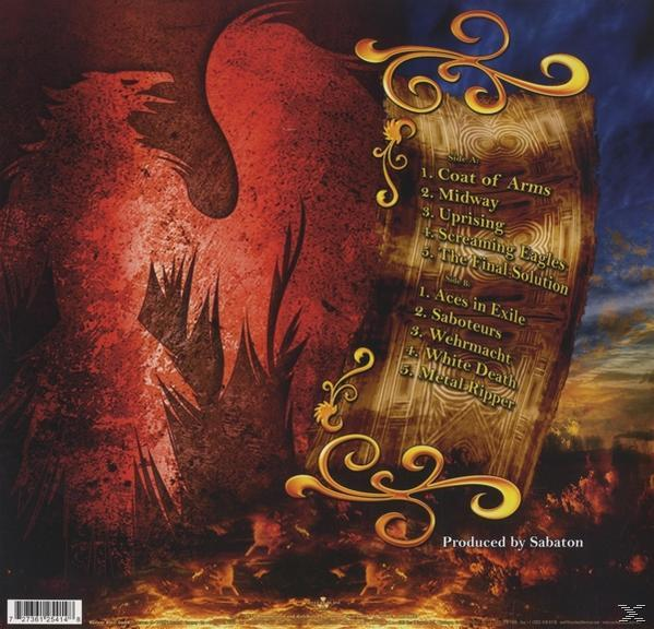 Rückseite eines Albums mit einem roten Vogel und einer Titelliste auf einer Schriftrolle.