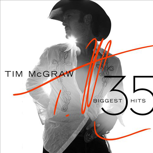 Album borító: Tim McGraw, fehér ing, cowboy kalap, narancssárga vonalak. Cím: 35 Biggest Hits.