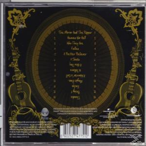 CD-Cover mit goldenem Design, einschließlich eines Kreises mit Songtiteln und zwei Gitarrenillustrationen.