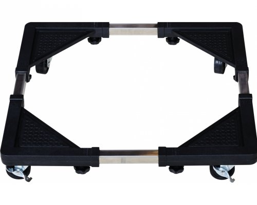Zwarte apparaatwagen op wielen, met een metalen frame, van bovenaf gezien.