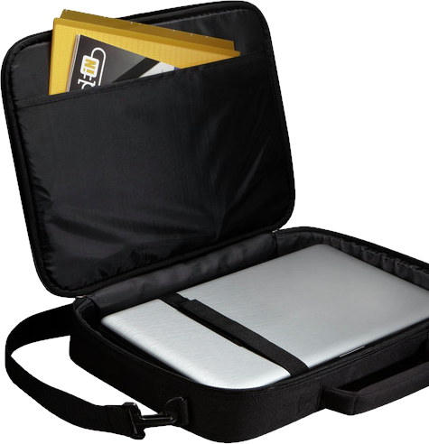 Fekete laptop táska nyitva, benne laptop és iratok. Fekete vállpánt látható.
