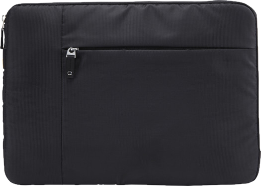 Egy fekete laptop tok cipzárral és egy kis zsebbel.