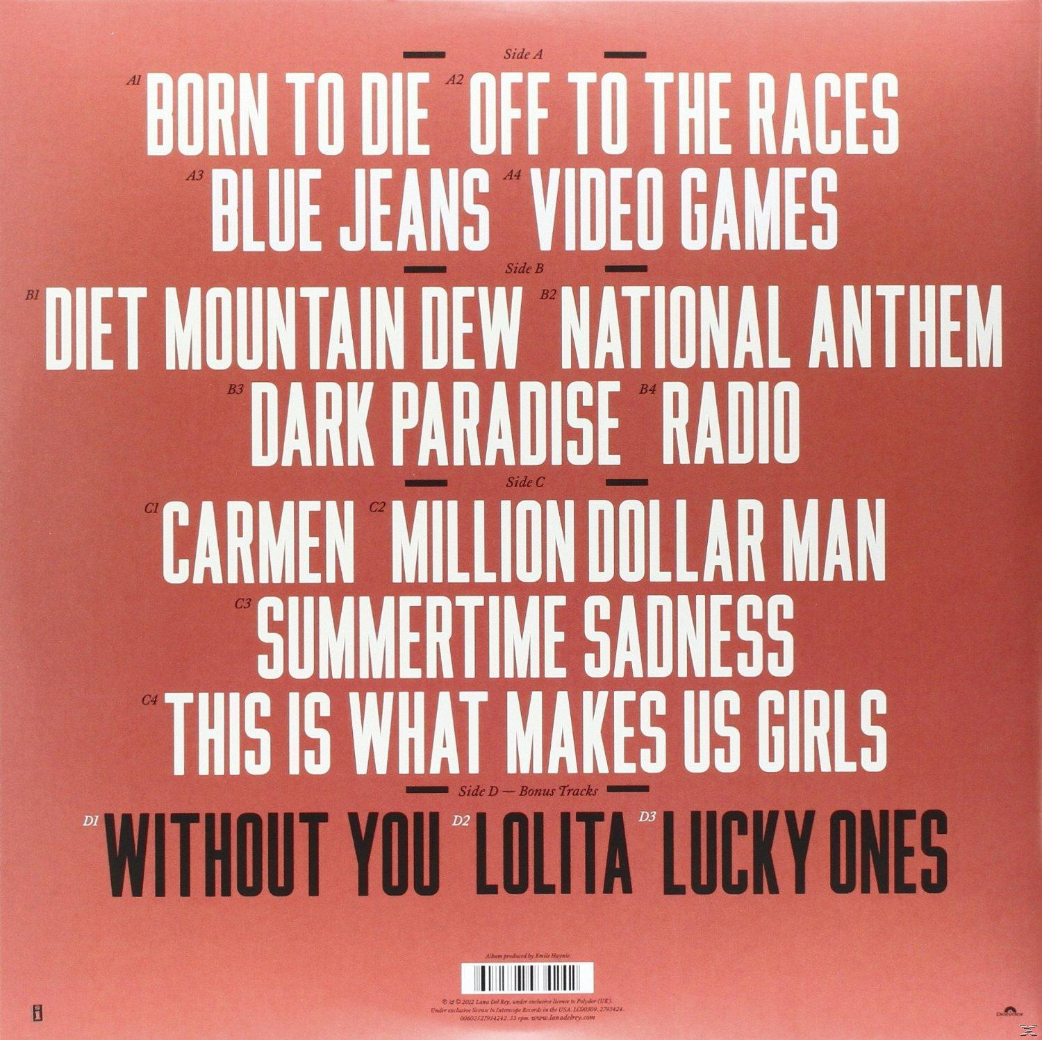 Albumcover met songtitels: Born to Die, Off to the Races, Blue Jeans, Video Games en meer.