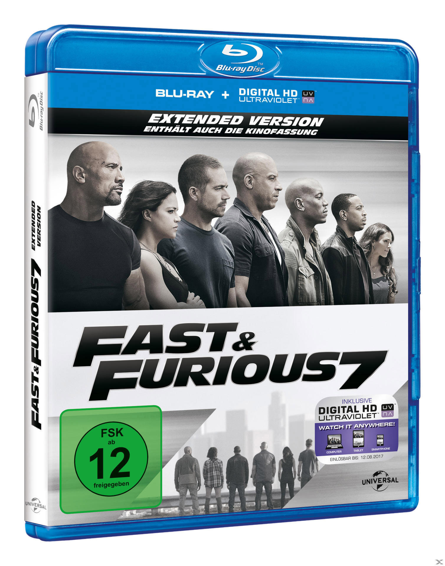 Fast & Furious 7 Blu-ray Cover mit Schauspielern, mit grünem und blauem Cover.