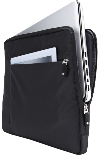 Fekete laptop tok. Laptop belül, táblagép az elülső zsebben, cipzárak az oldalakon.