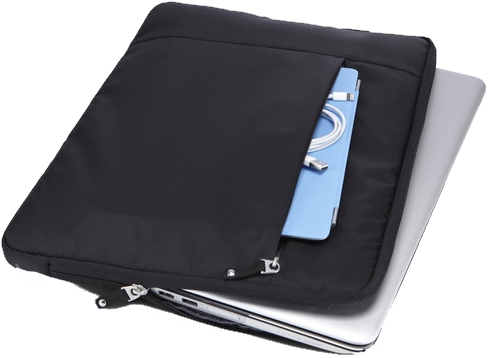 Fekete laptop tok cipzárral, táblagépet és kábeleket tartalmaz.