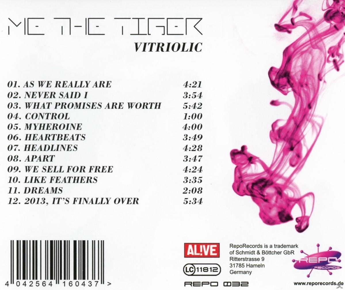 CD-Cover. Titel: ME THE TIGER VITRIOLIC. Trackliste, Barcode und RepoRecords-Logo. Rosa abstraktes Design rechts.