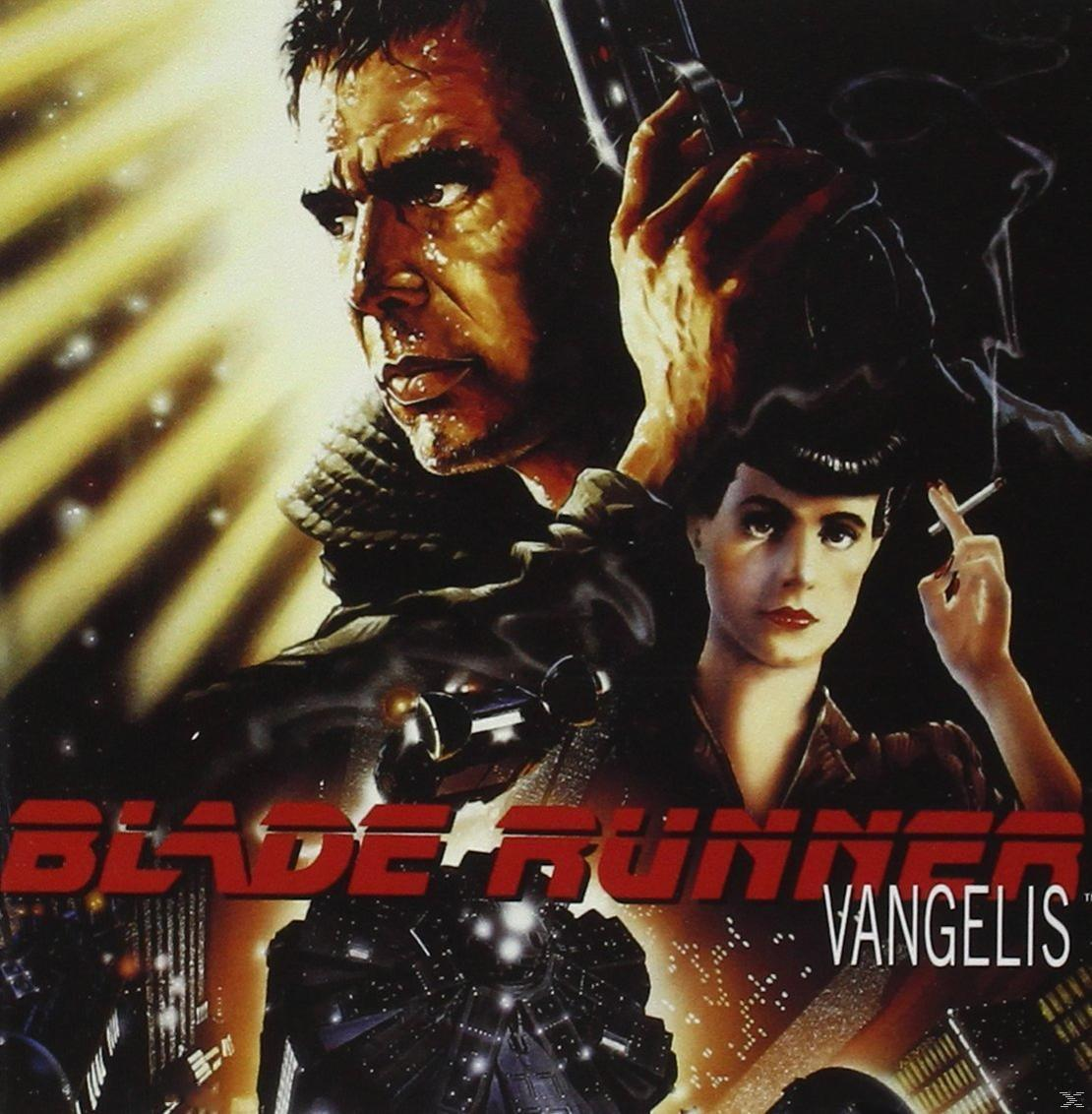 Blade Runner Filmplakat mit Harrison Ford und einer rauchenden Frau, dunkler Hintergrund, Text.