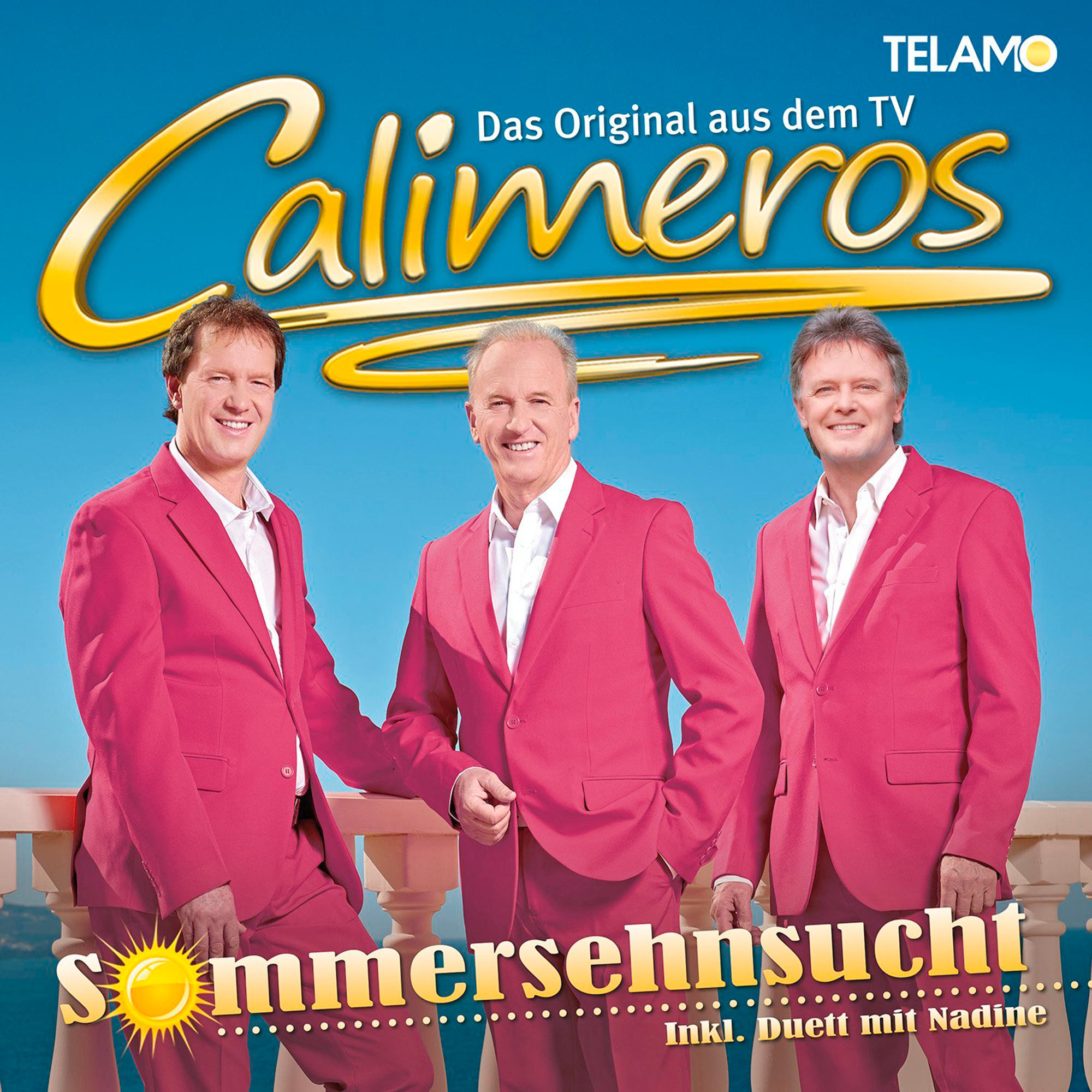 Albumcover mit drei Männern in rosa Anzügen und dem Text 'Calimeros' und 'Sommersehnsucht'.