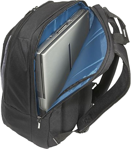 Fekete hátizsák egy laptopot tartalmaz, nyitva, kék belsővel.