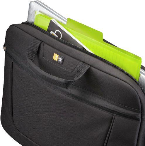 Fekete laptop táska fogantyúval, félig nyitva, papírokkal benne.