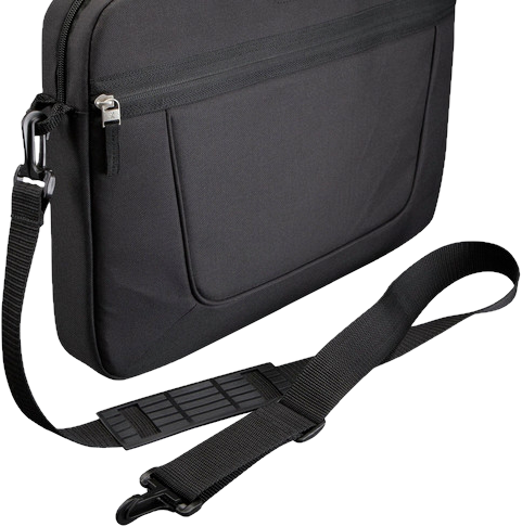 Fekete laptoptáska vállpánttal. A pánt fekete, a táskán cipzár van.