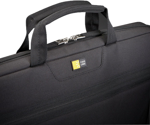 Fekete Case Logic laptop táska, fogantyúval és ezüst cipzárral.
