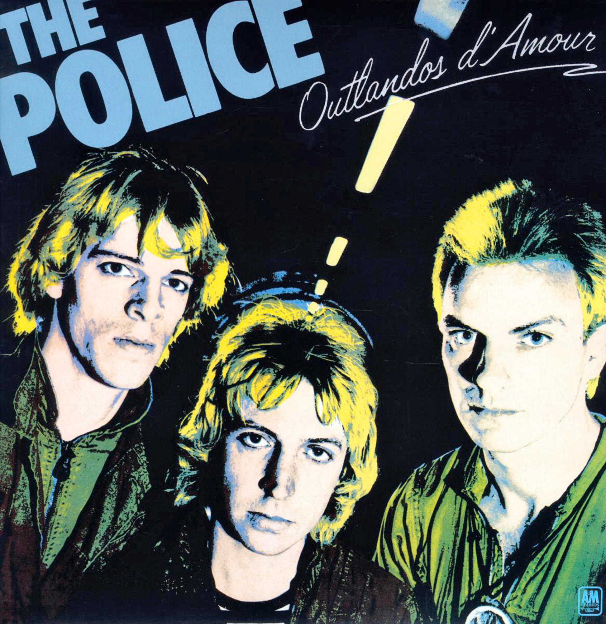 Pochette de l'album The Police. Trois membres du groupe avec des cheveux jaunes. Texte : THE POLICE, Outlandos d'Amour.